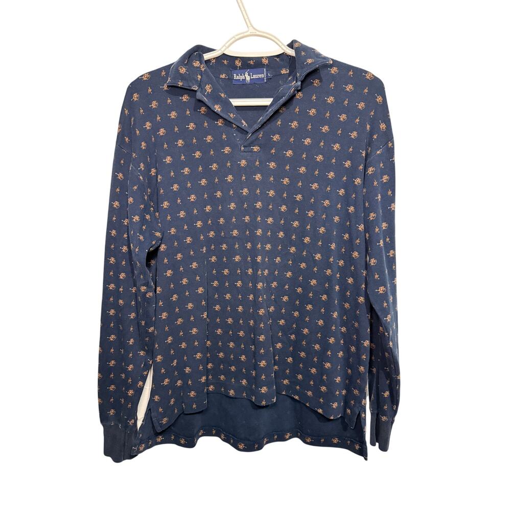 Ralph Lauren Navy Blue Long Sleeve Polo with Small Tan polo/tack  Print